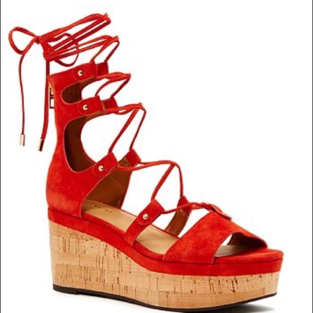 NWOT COACH Red Barkley Suede Wedge Sandals, back zip, platform, lace up, size 5